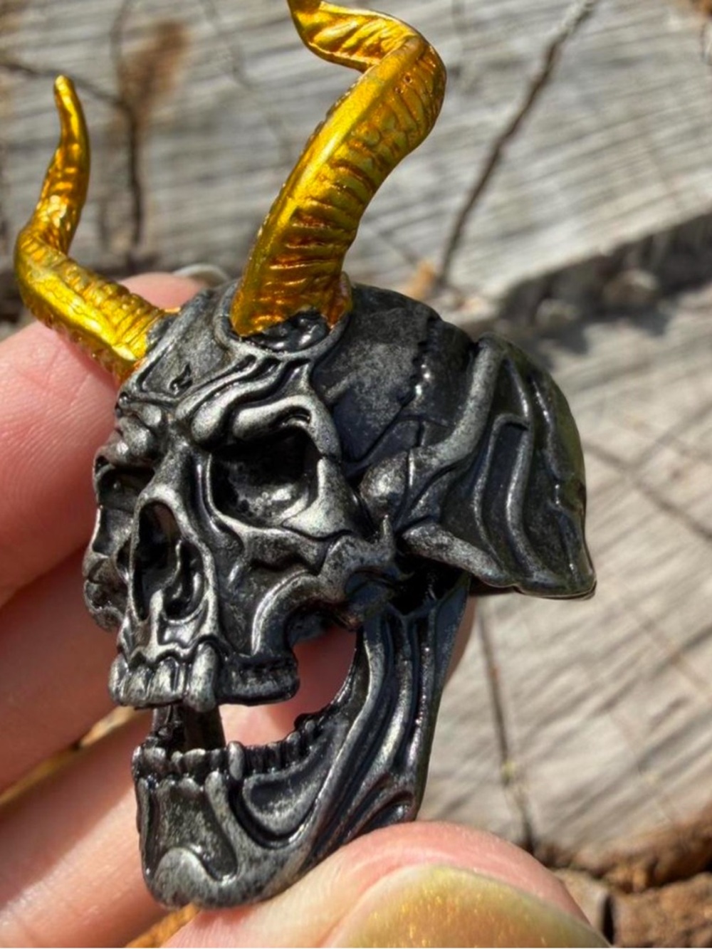 Gold-Horned Black Skull Pendant — Men's Gothic Jewelry